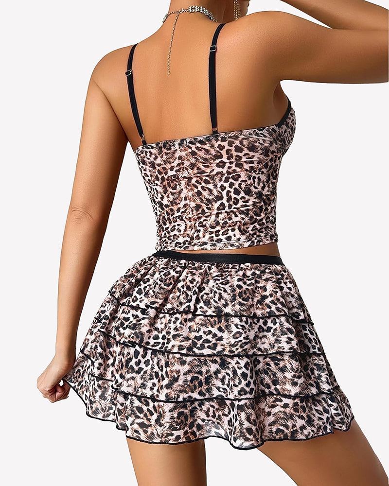 Leopard print two-piece lounge set with crisscross back cami top and tiered mini skirt