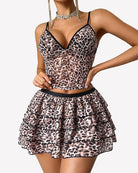 Leopard print V-neck cami top and ruffled tier mini skirt two-piece lounge set