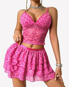 Rose red leopard print two-piece lounge set with V-neck cami top and tiered mini skirt