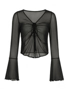 Black sheer mesh crop top with a tie front, V-neck, and long bell sleeves