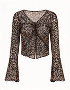Leopard print sheer mesh crop top with a tie front, V-neck, and bell sleeves
