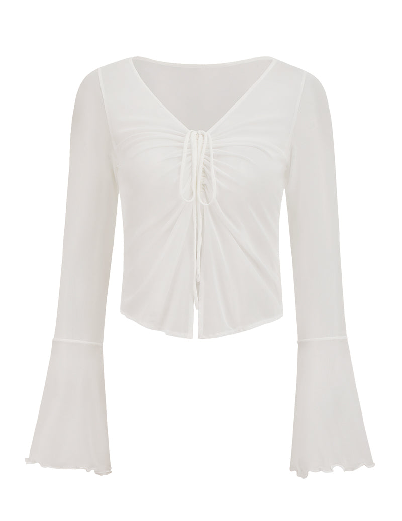 White sheer mesh crop top with a tie front, V-neck, and long bell sleeves