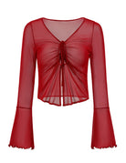 Red sheer mesh crop top with a tie front, V-neck, and long bell sleeves