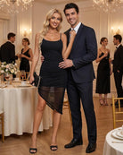 Ruched bodycon midi dress with spaghetti straps, black sheer asymmetrical side slit