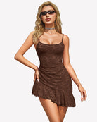 Dark brown lace mini dress with spaghetti straps and ruffle hem