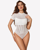 White mock neck sheer mesh bodysuit with rhinestone dot pattern and corset-style front seams
