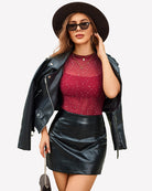 Wine red mock neck sheer mesh bodysuit with rhinestone dots, short sleeves, front