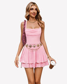 Pink square-neck sleeveless ruched mini dress with tiered flared skirt