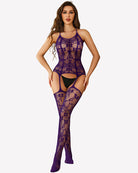 Purple fishnet body stocking bodysuit with halter straps and long leg coverage