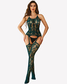 Green fishnet body stocking bodysuit with halter straps and cutout leg openings