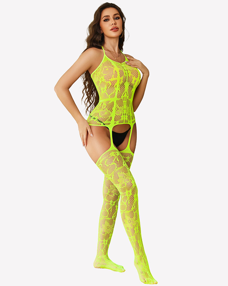 One-piece fishnet bodysuit, neon green mesh with side panels and open-front design