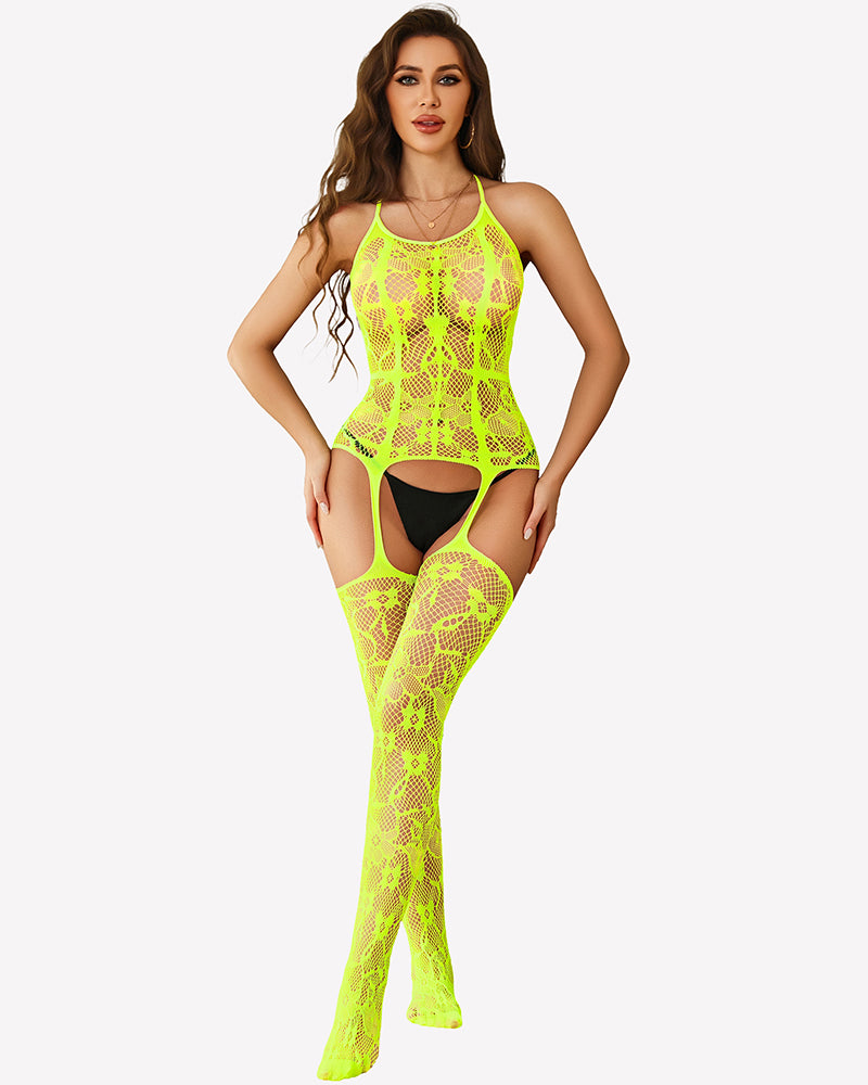 One-piece fishnet bodysuit, neon green mesh with front cutout and high legs