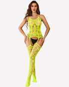 One-piece fishnet bodysuit, neon green mesh with front cutout and high legs