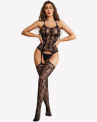 Black fishnet body stocking bodysuit with halter straps and open crotch design