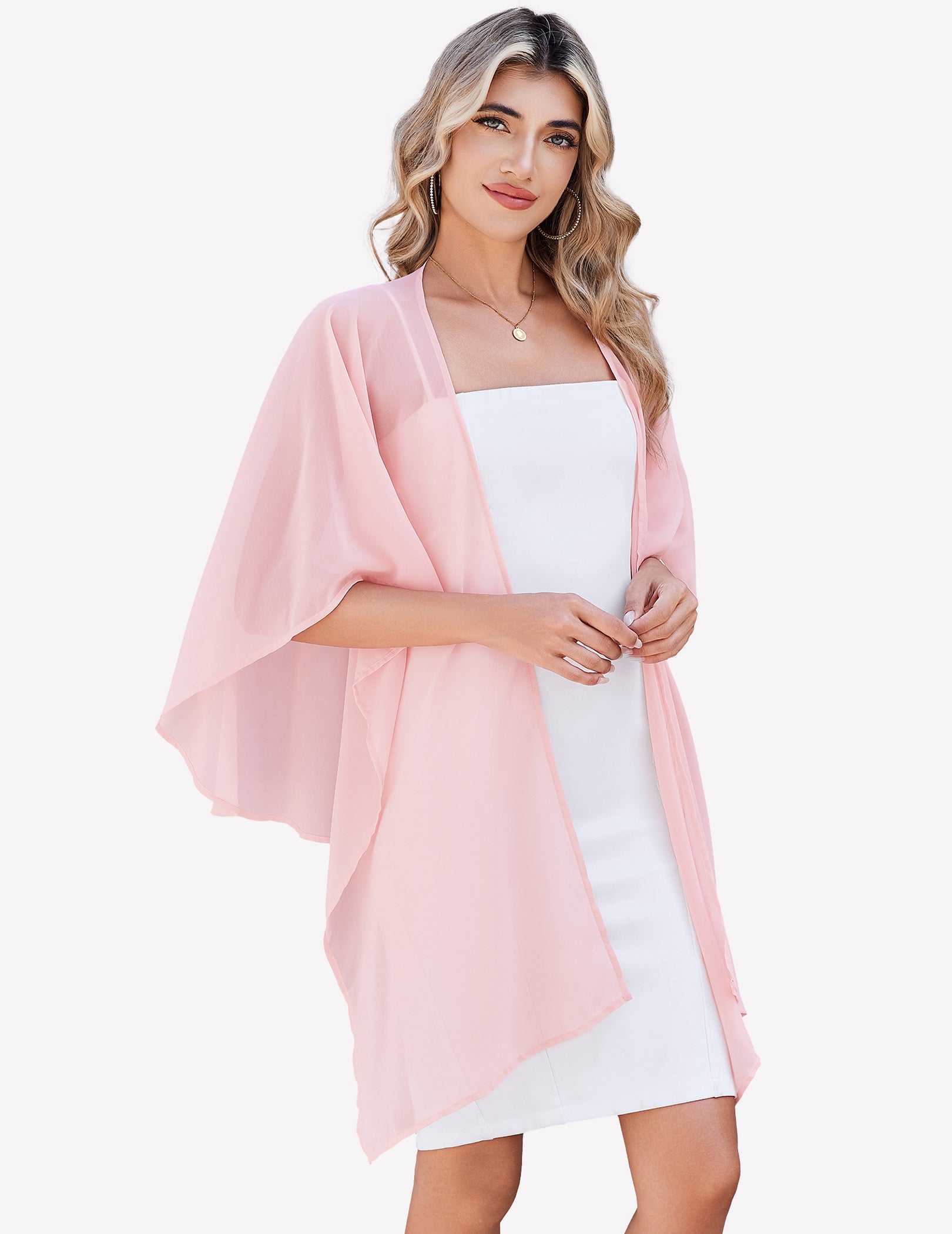 Light pink sheer chiffon shawl wrap draped across shoulders with cascading front