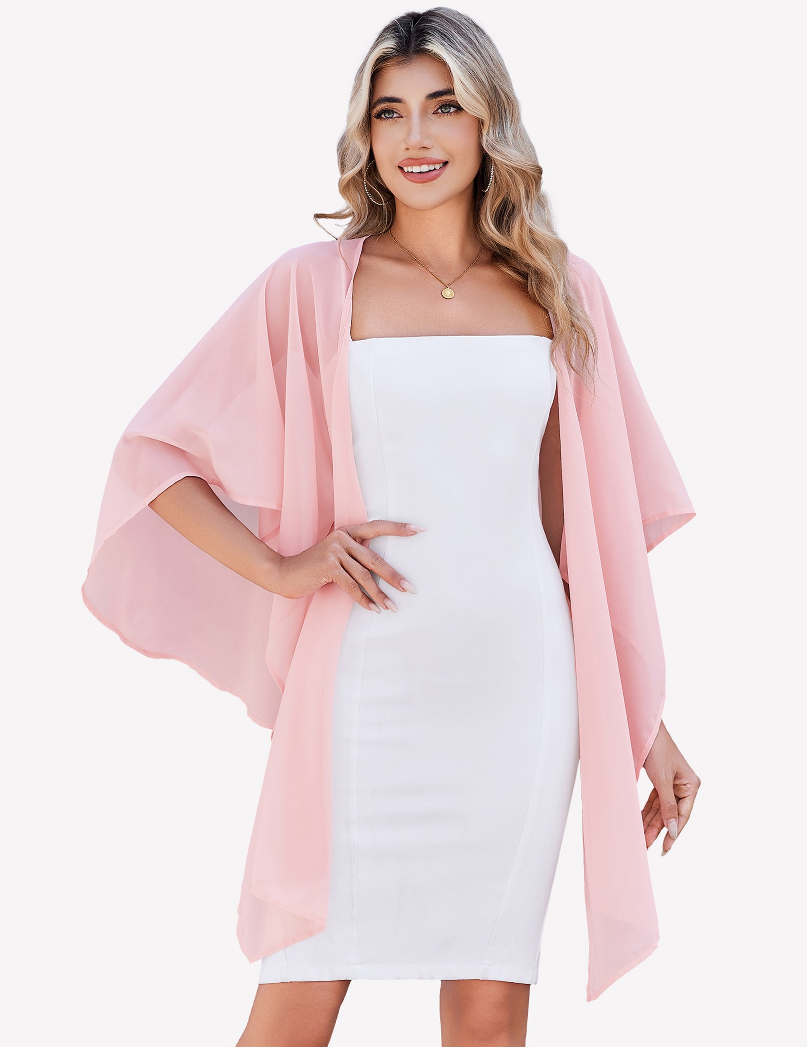 Sheer chiffon shawl wrap in light pink, draped over shoulders, loose flowing ends
