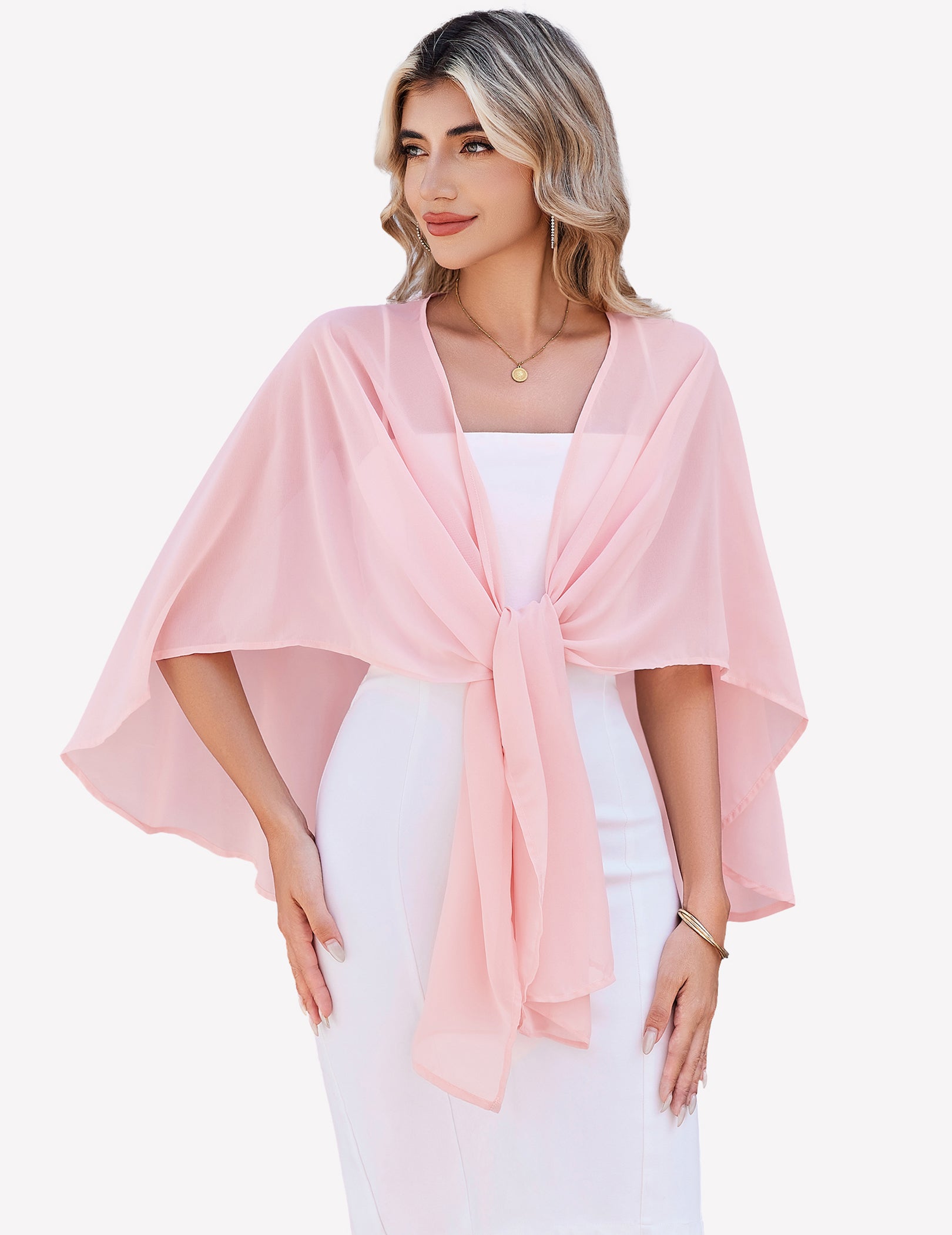 Light pink sheer chiffon shawl wrap with tied center knot at neckline