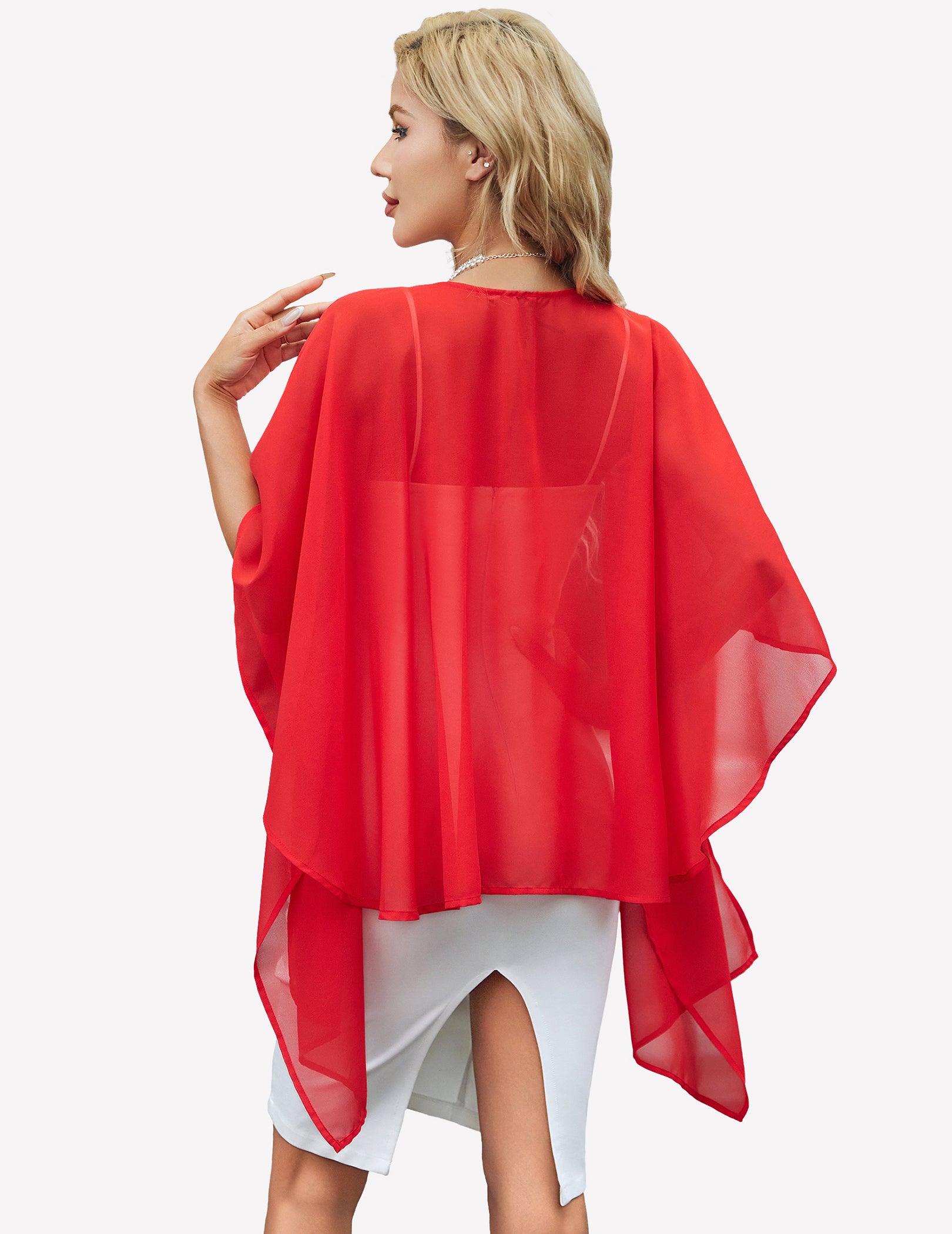 Red sheer chiffon shawl wrap, back view with billowing drape over shoulders