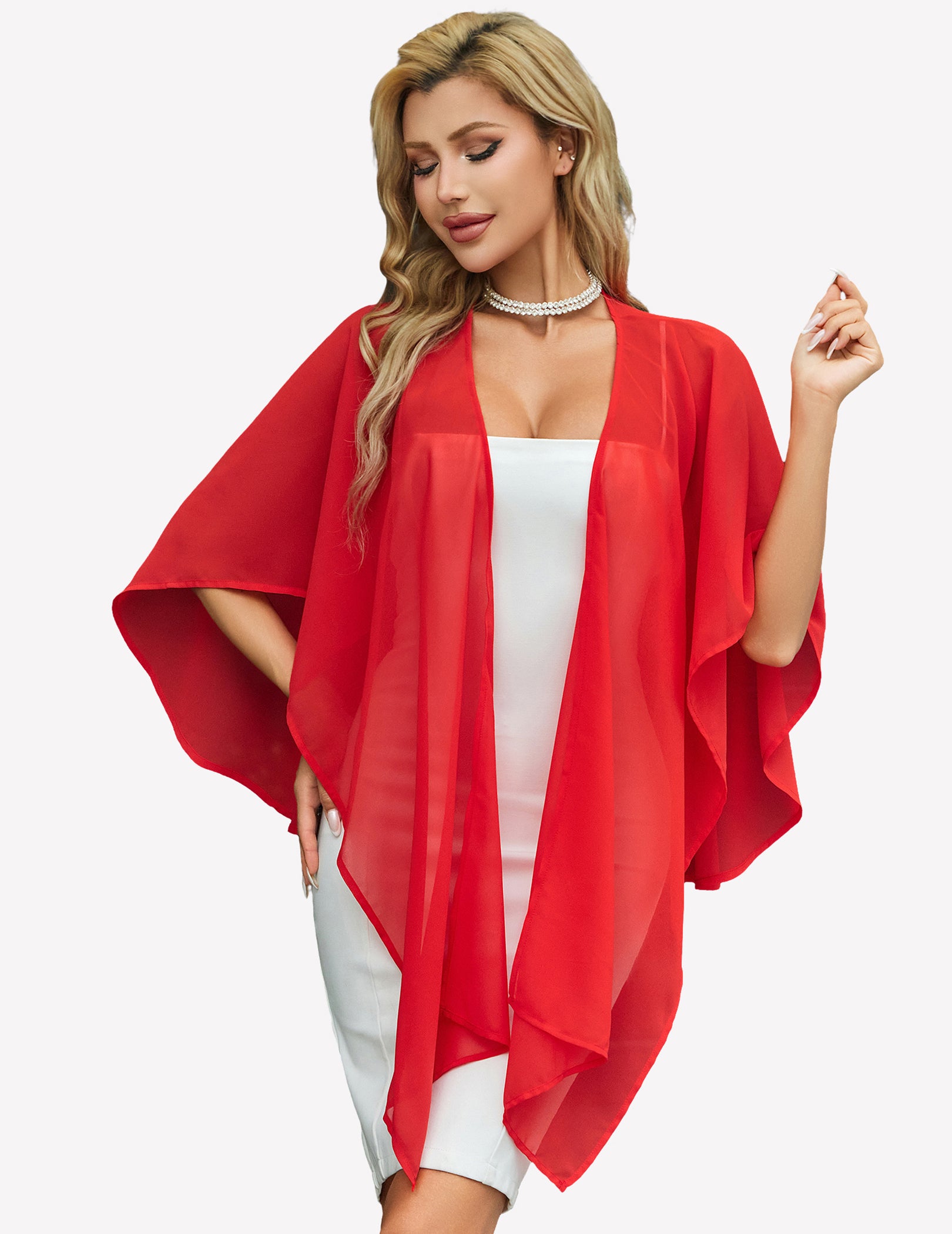 Red sheer chiffon shawl wrap, front drape with flowing layered panels
