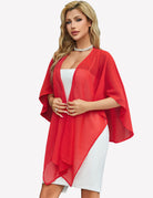 Red sheer chiffon shawl wrap draped over front with wide fluttering ends