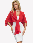 Red sheer chiffon shawl wrap, center tie detail over chest, flowing ends