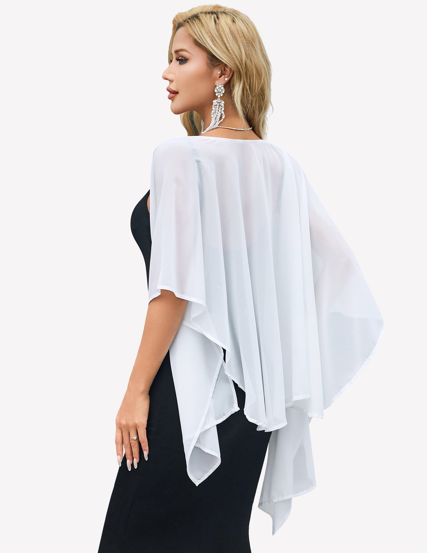 Sheer chiffon shawl wrap, white, cape-style back drape with layered fall