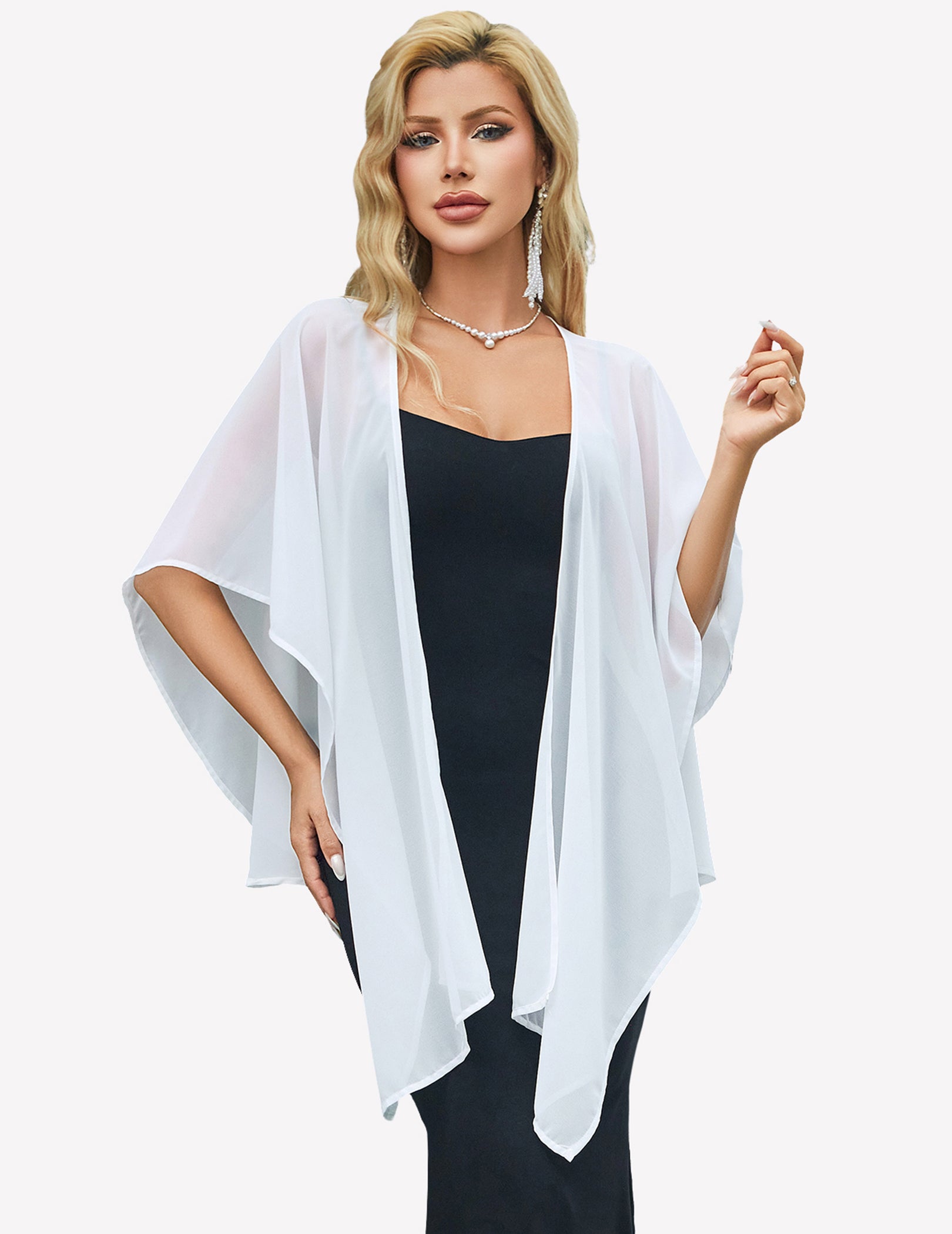 Sheer chiffon shawl wrap, white, draped over shoulders with layered edges