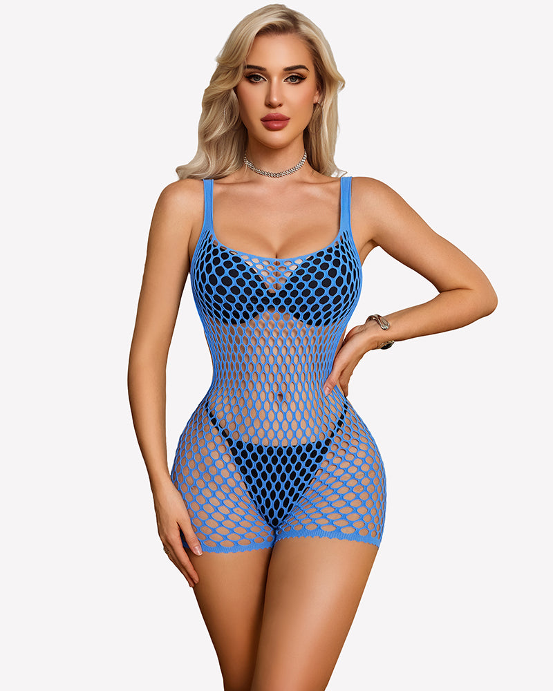 Blue fishnet mesh chemise romper with scoop neckline and contrast dark panels