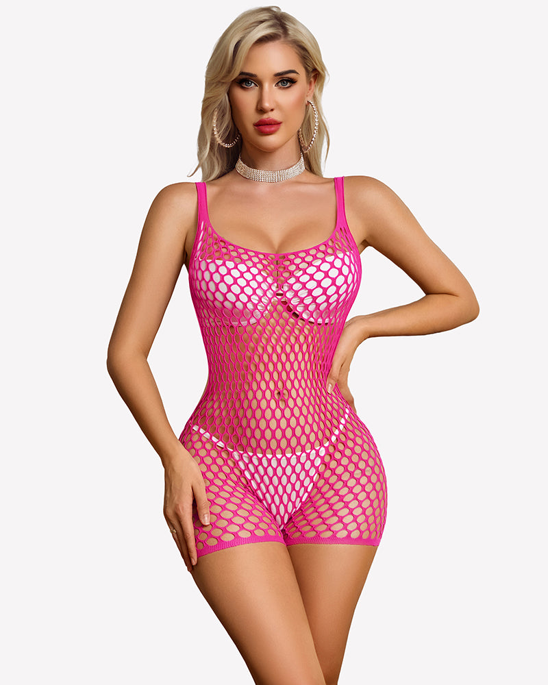 Rose red fishnet mesh chemise romper with scoop neckline and spaghetti straps