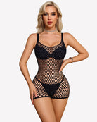 Black fishnet mesh chemise romper with underwire-style bra cups and thong back