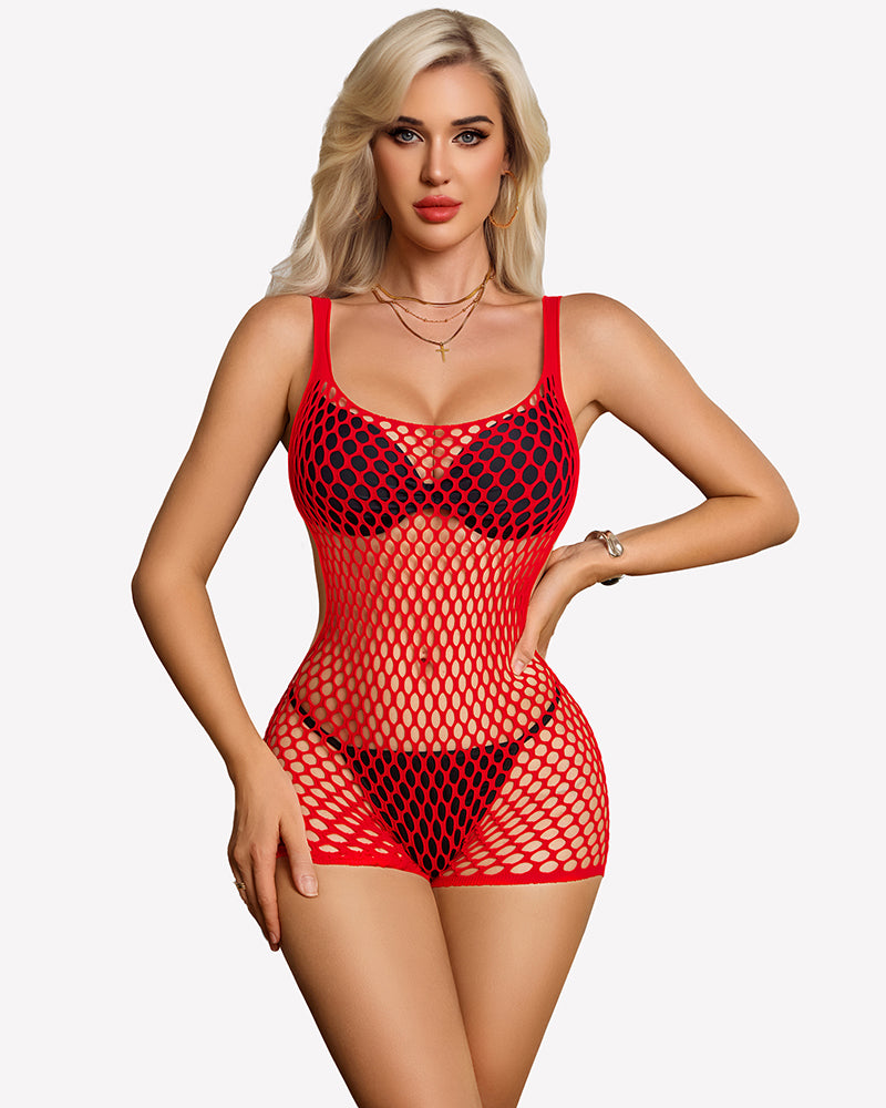 Red fishnet mesh chemise romper with scoop neckline and wide leg openings