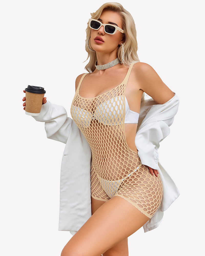 Cream fishnet mesh chemise with choker-style collar detail and short romper cut, sheer