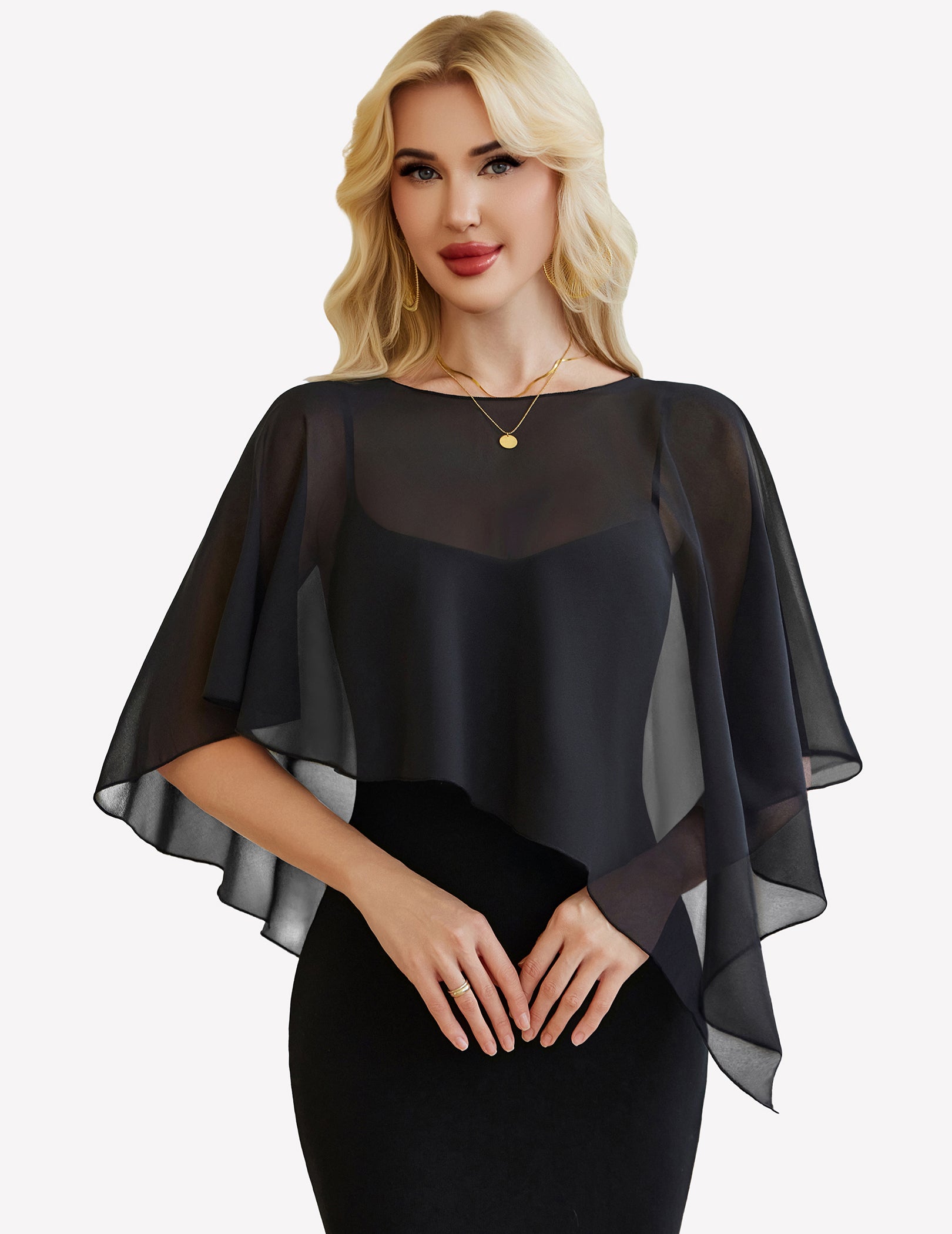 Black chiffon capelet wrap with batwing sleeves, sheer overlay