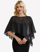 Black chiffon capelet wrap with batwing sleeves, sheer overlay