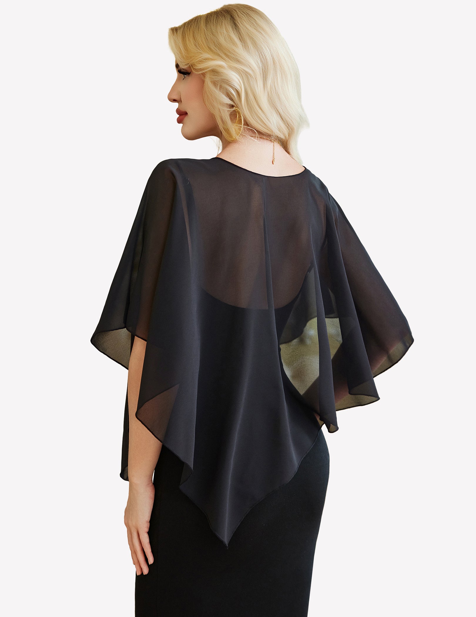 Black chiffon capelet wrap with batwing sleeves, sheer back drape
