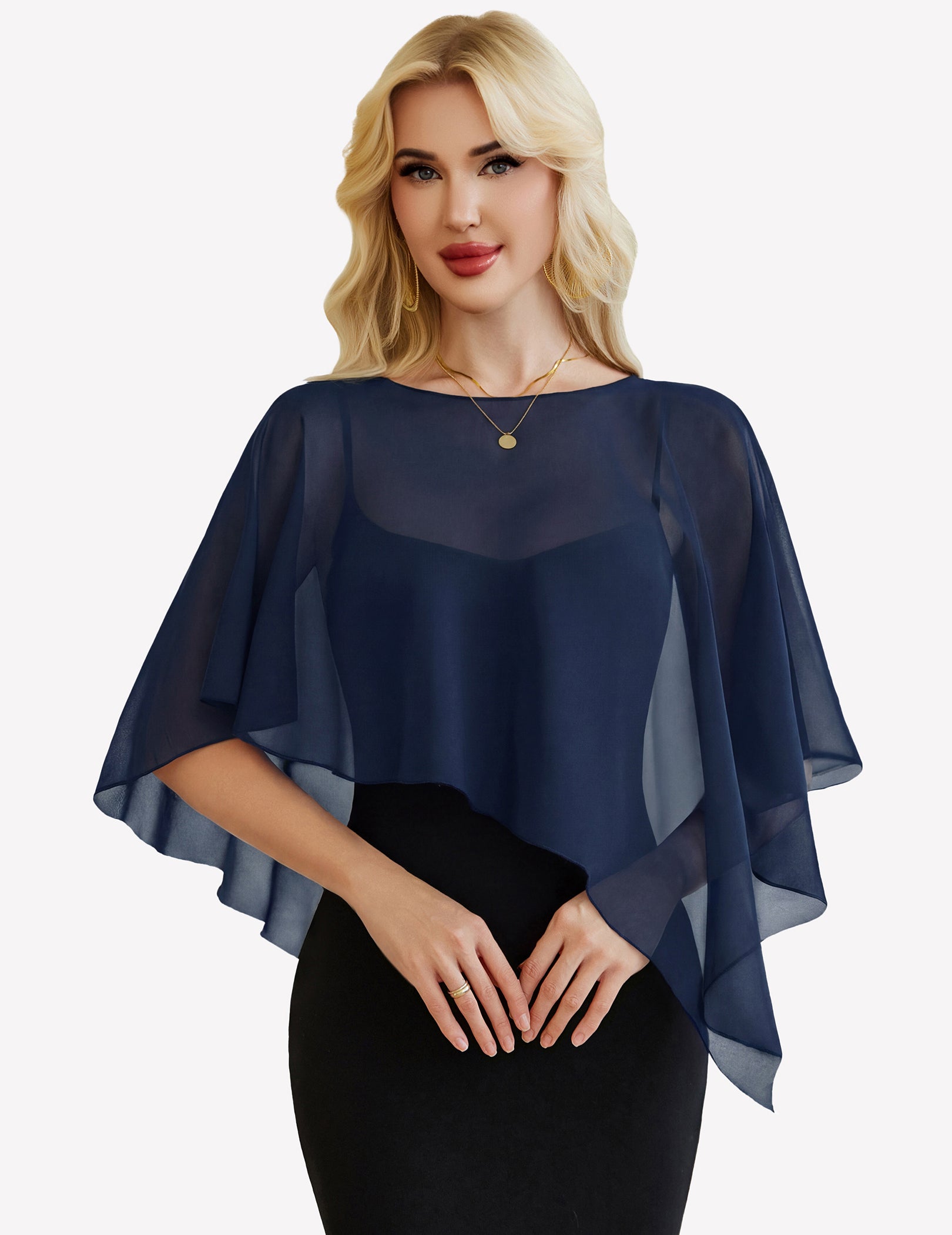 Deep navy chiffon capelet wrap with batwing sleeves, sheer overlay