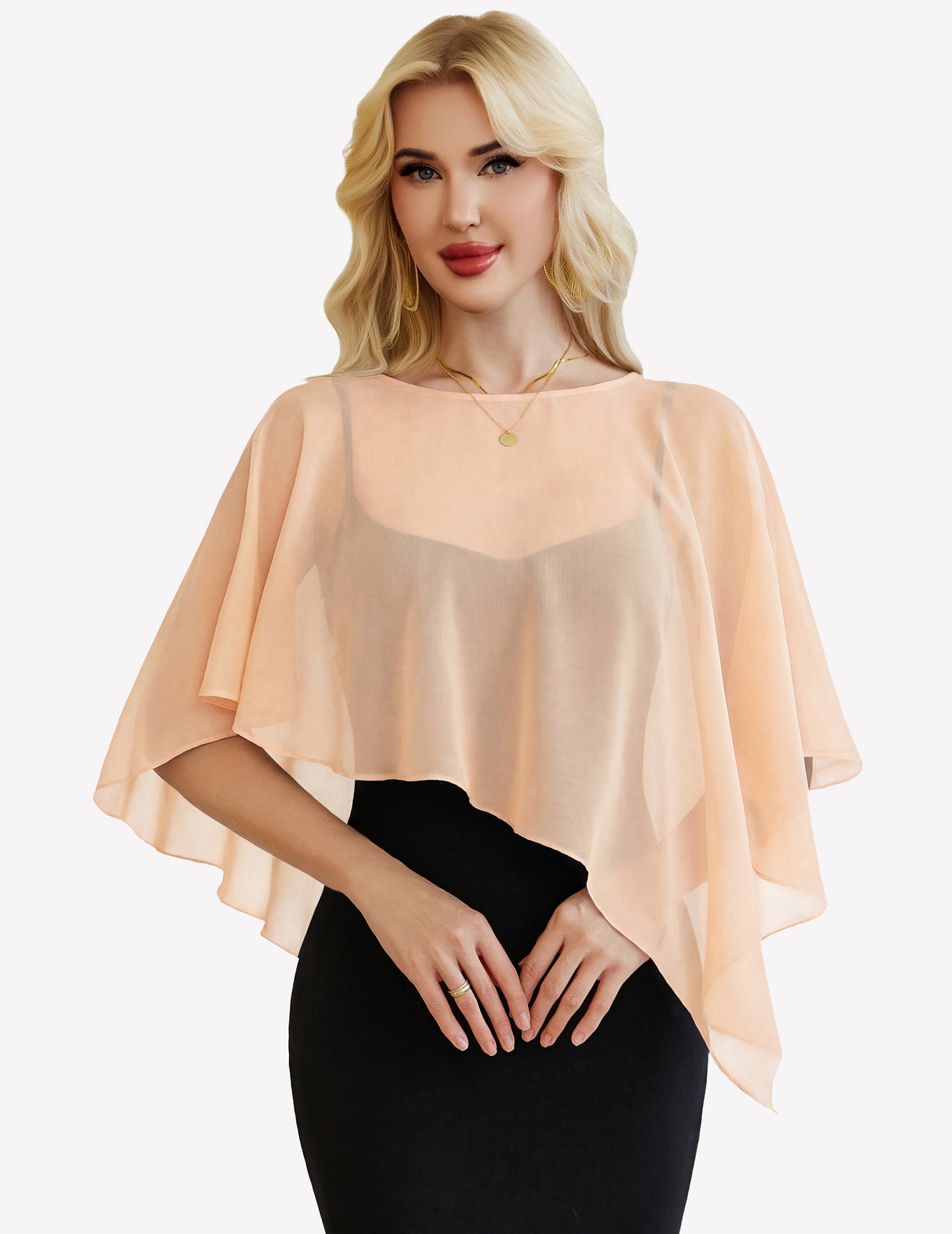 Champagne chiffon capelet wrap with batwing sleeves, sheer overlay