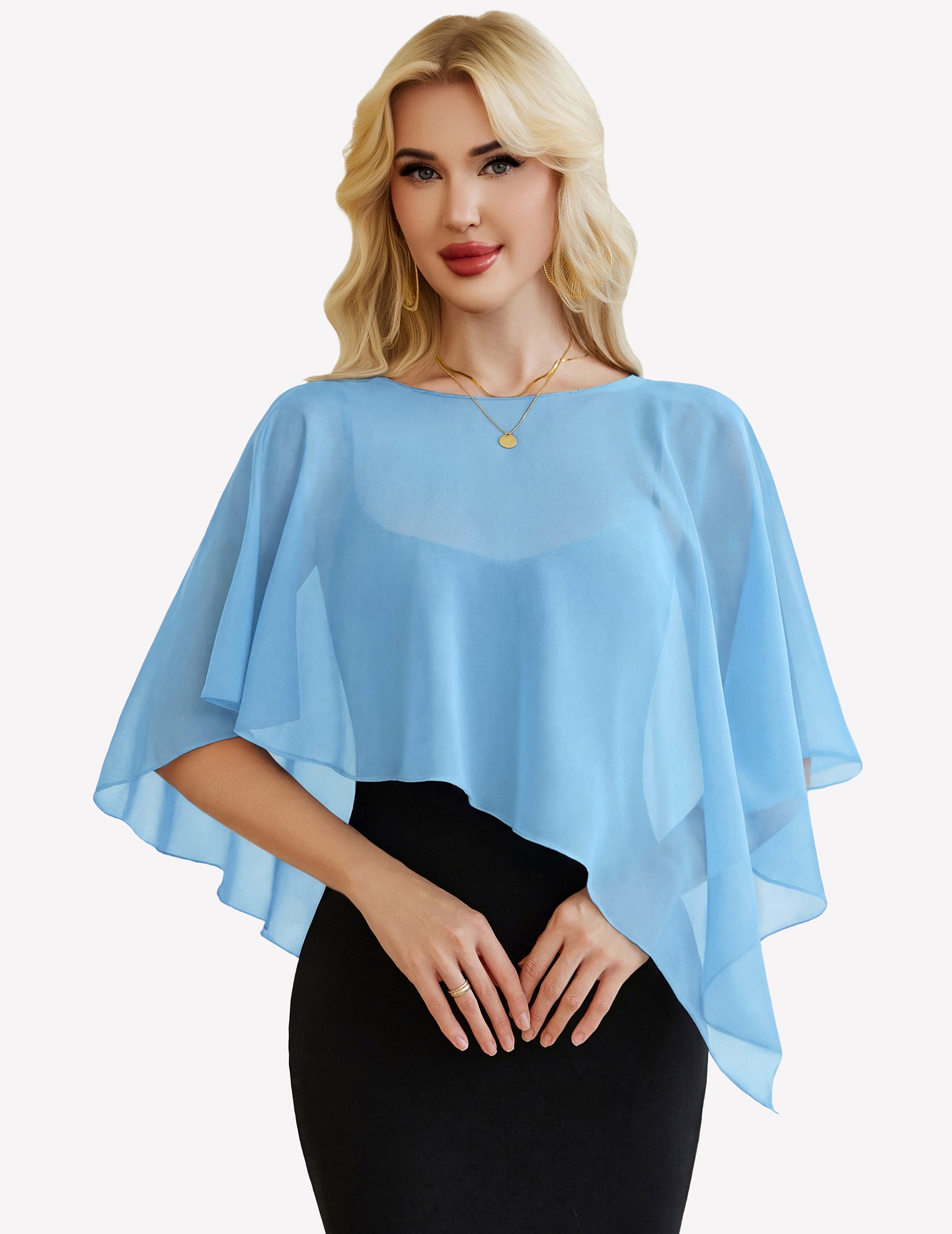 Light blue chiffon capelet wrap with batwing sleeves, sheer overlay
