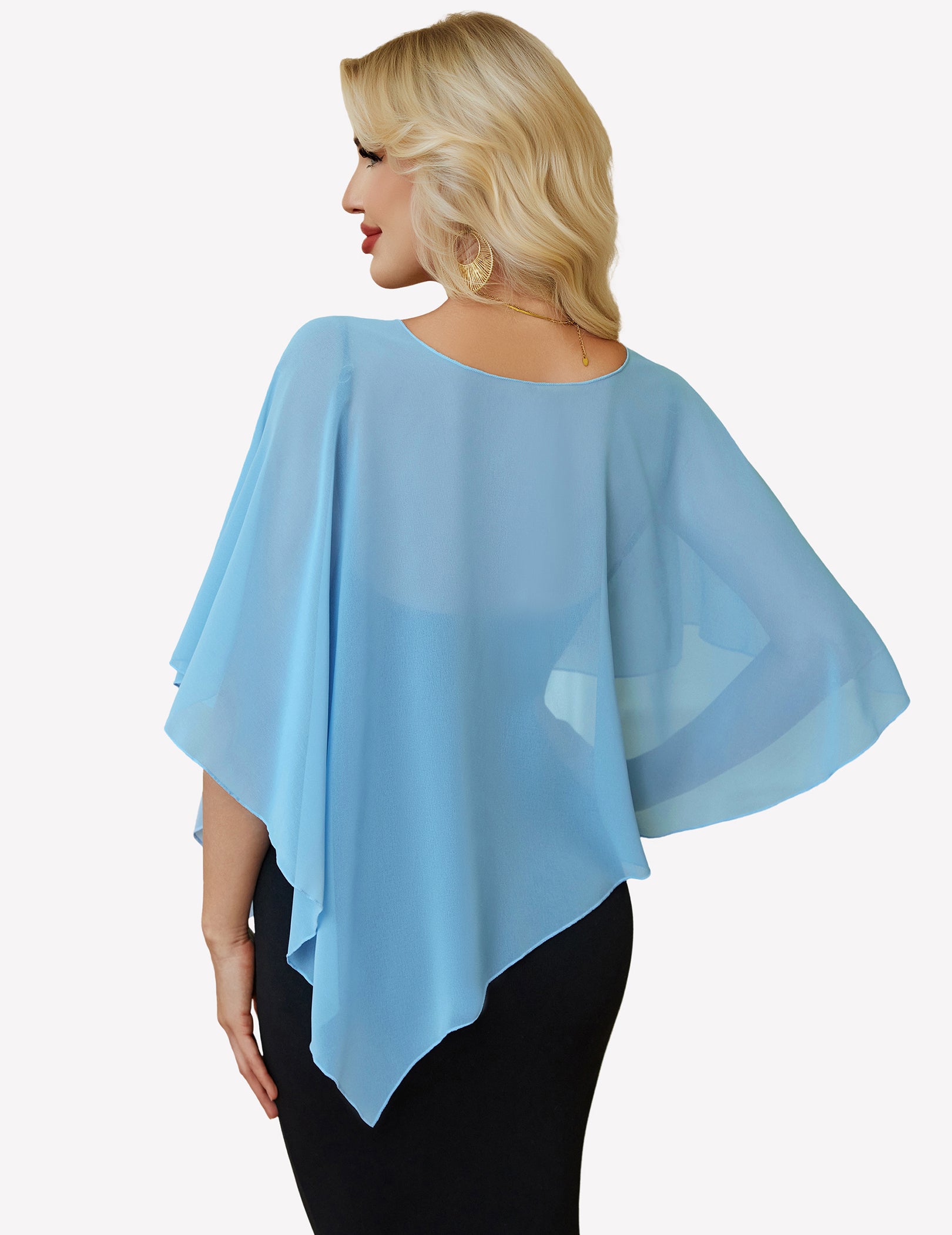 Light blue chiffon capelet wrap, batwing sleeves with open back drape