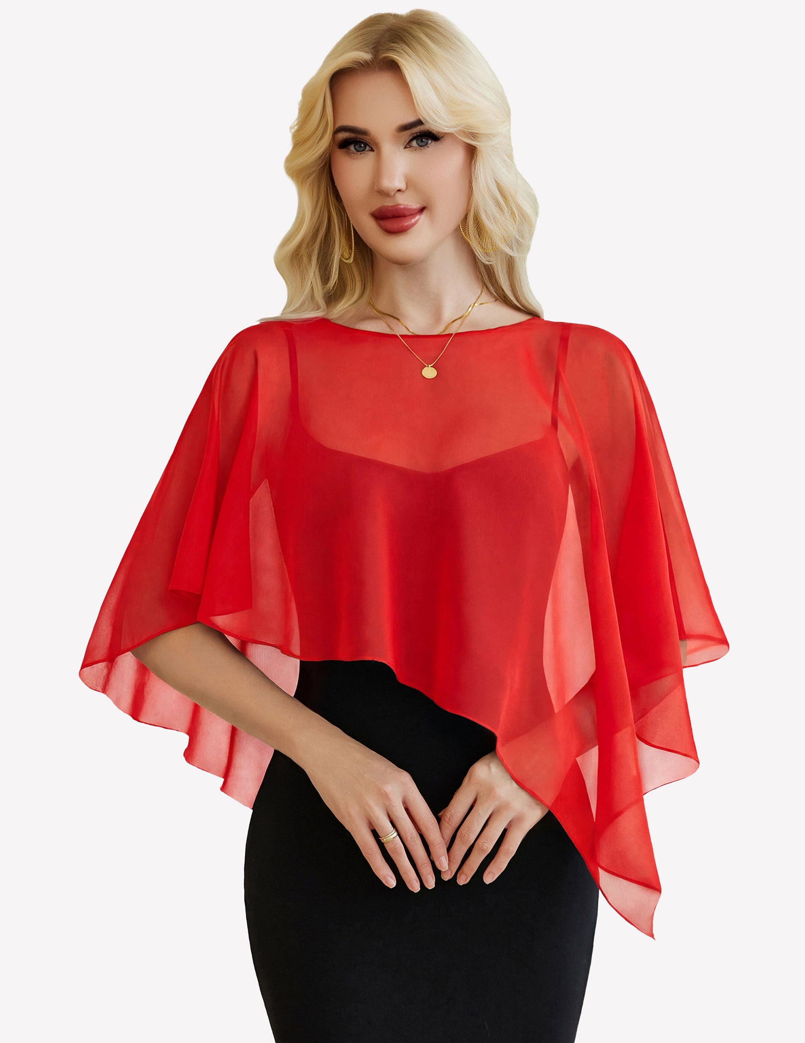 Red chiffon capelet wrap with batwing sleeves, sheer overlay