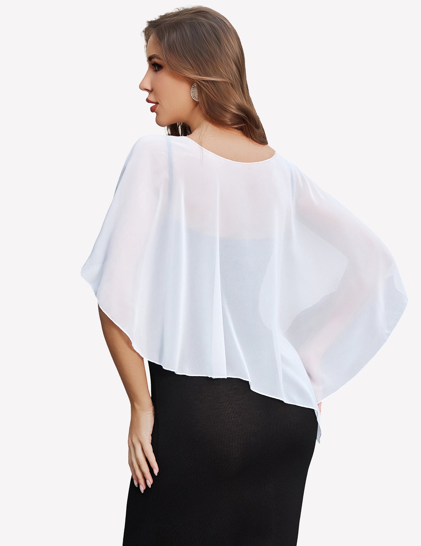 White chiffon capelet wrap, batwing sleeves with sheer back drape