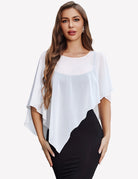 White sheer chiffon capelet with batwing sleeves and draped asymmetrical hem