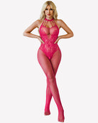 Red fishnet bodystocking with halter straps and crotchless front cutout