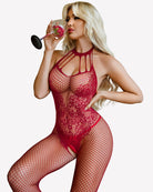 Red fishnet bodysuit with halter neckline and open crotch front cutout
