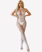 White fishnet bodysuit with lace pattern, crotchless mesh, high-neck halter straps