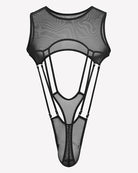 Black sheer fishnet bodysuit with high-cut legs, sleeveless mesh, front cutout