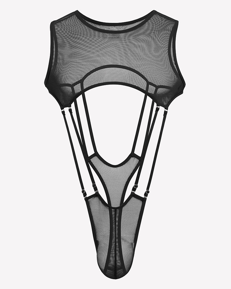 Black sheer fishnet bodysuit with high-cut legs, sleeveless mesh, front cutout