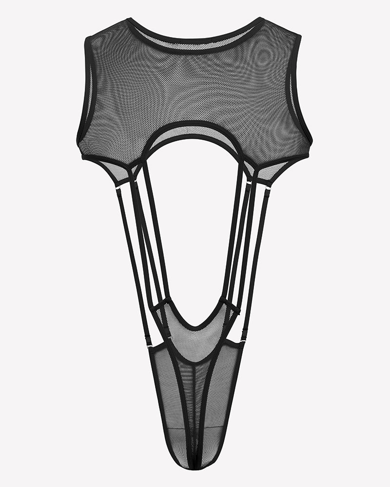 Black sheer fishnet bodysuit with high-cut legs, sleeveless mesh, front cutout
