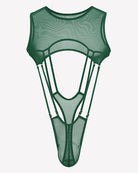 Green sheer fishnet bodysuit with high-cut legs, sleeveless mesh, front cutout