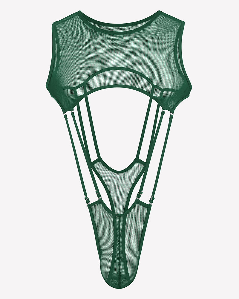 Green sheer fishnet bodysuit with high-cut legs, sleeveless mesh, front cutout